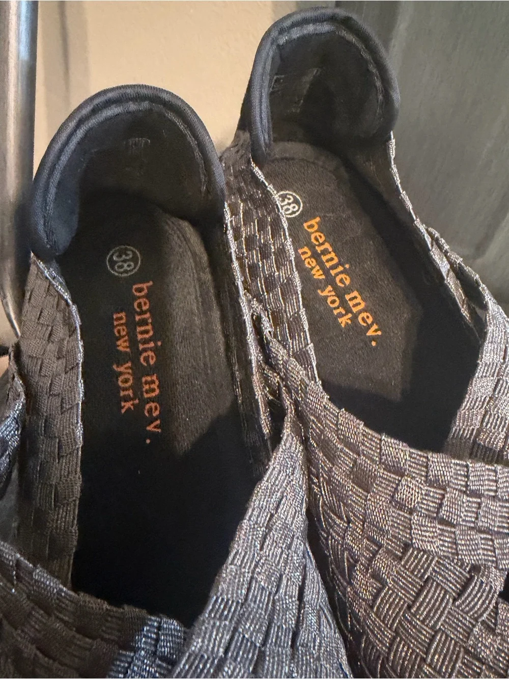 Bernie Mev Pewter Metallic Woven Mary Jane Wedge Shoes Size 38